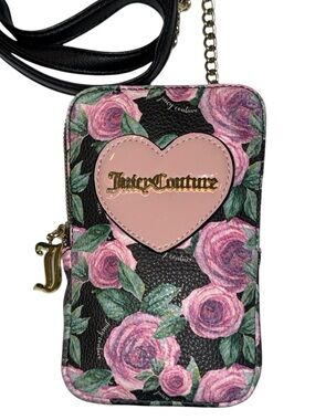 JUICY COUTURE Black Floral Cell Phone X-body Bag w/Pink Heart Logo